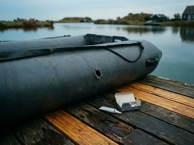 Verweerde opblaasbare rubberboot op houten steiger met reparatieset en lijm naast zichtbare lek in de grijze romp, Nederlands polderwater op achtergrond.