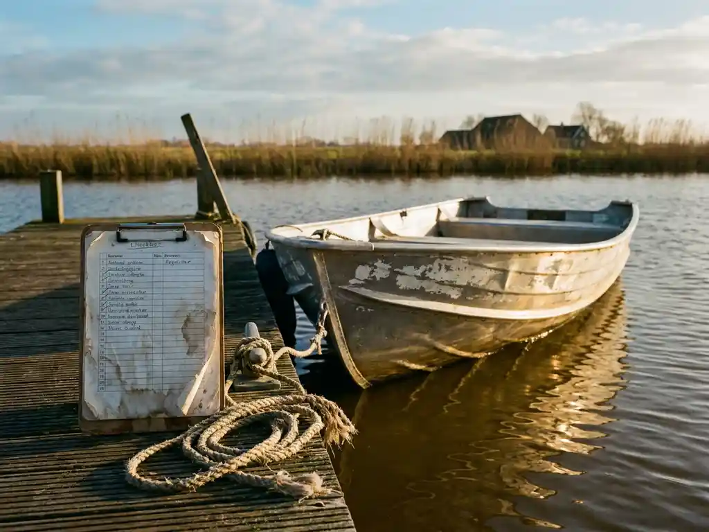 Versleten checklist op een verweerde steiger naast een aluminium tender in rustig polderwaterwater, losjes vastgelegd in gouden middaglicht.