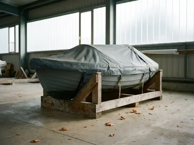 Kleine tender op houten bok in een industriële botenstalling, afgedekt met grijze winterhoes, herfstbladeren op betonvloer.