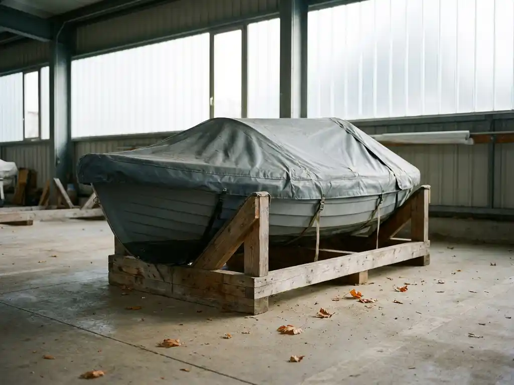 Kleine tender op houten bok in een industriële botenstalling, afgedekt met grijze winterhoes, herfstbladeren op betonvloer.