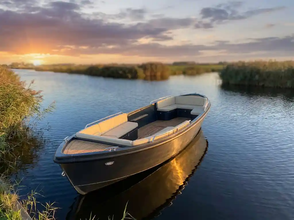 Aluminium tender op een rustige Nederlandse poldervaart, gouden uurlicht op de antraciet romp, crème kussens en teakhouten accenten zichtbaar.