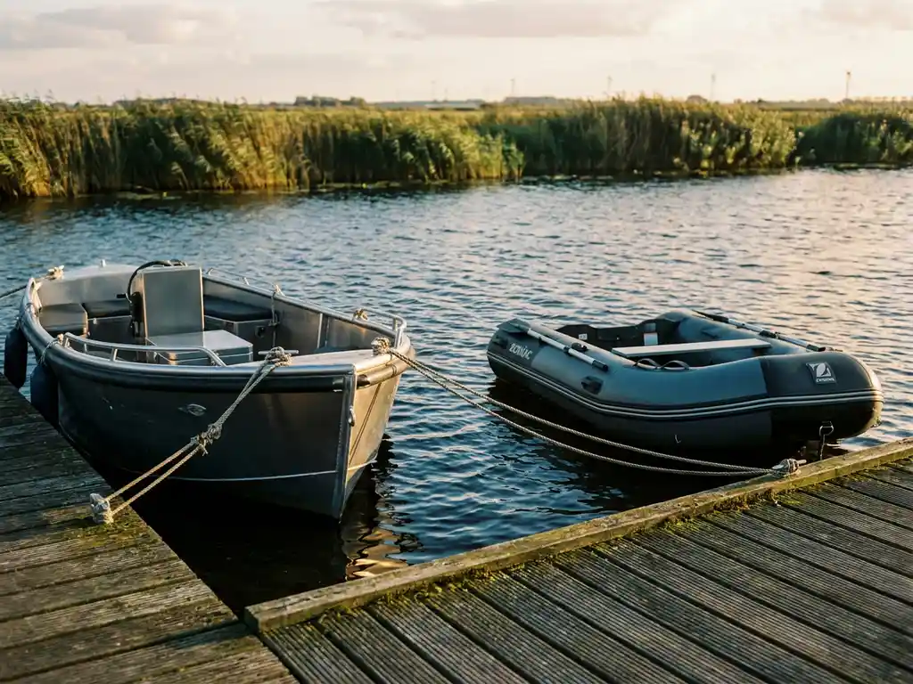 Aluminium tender en opblaasbare zodiac afgemeerd aan verweerde houten steiger in rustig Nederlands polderwater, gouden middaglicht.