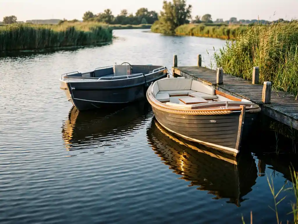 Aluminium tender en klassieke open sloep afgemeerd aan een verweerde houten steiger in een Nederlands polderwater bij gouden uurtje.