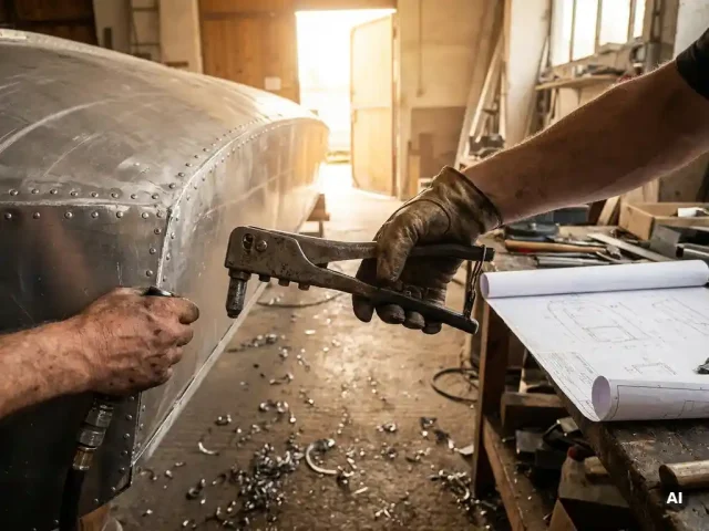 Verweerde handen met klinknagelpistool bij aluminium romp in aanbouw, technische tekening en metaalspanen op werkplaatsvloer.