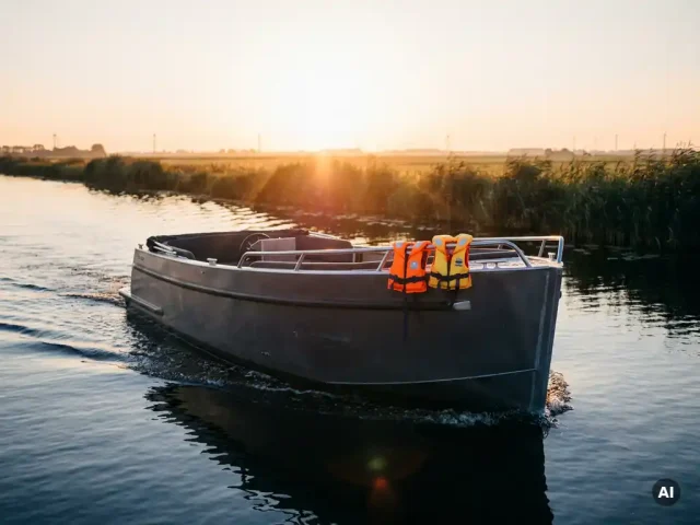 Aluminium familietender vaart door een rustige Nederlandse polderwaterweg bij laagstaande middagzon, kinderreddings­vesten op de boeg.