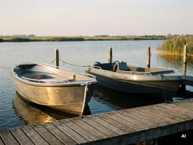 Aluminium sloep en tender afgemeerd aan een verweerde houten steiger in het polderlandschap tijdens het gouden uur.