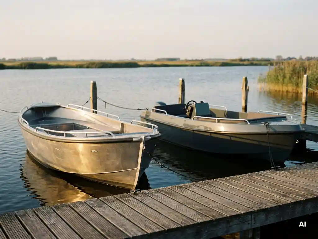 Aluminium sloep en tender afgemeerd aan een verweerde houten steiger in het polderlandschap tijdens het gouden uur.