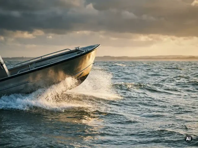 Aluminium tender vaart door ruwe golven langs de Nederlandse kust, boeg omhoog in gouden middaglicht met dramatische bewolkte horizon.