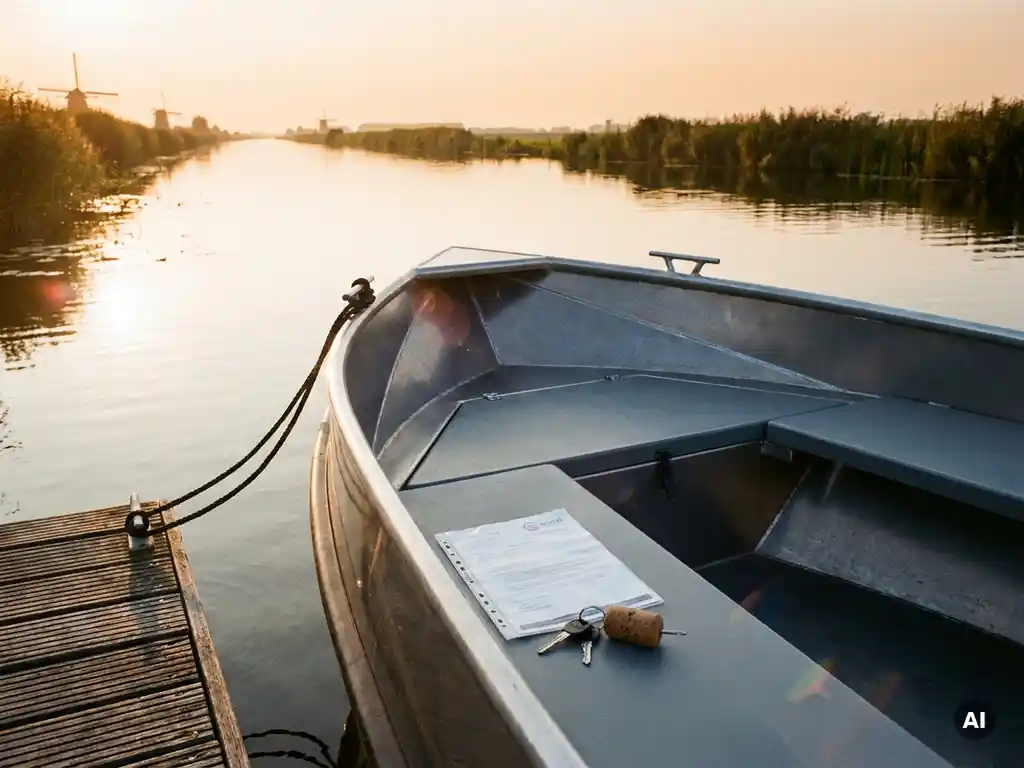 Aluminium tender afgemeerd aan houten steiger met huurovereenkomst en sleutels op de kuipstoelen, rustige polderwaterweg op de achtergrond.