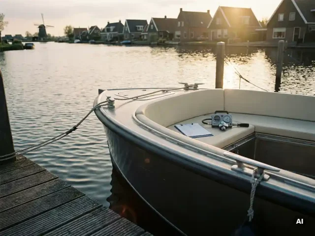 Aluminium tender afgemeerd aan houten steiger met inspectieklembord op de boeg, kalm polderwateroppervlak in gouduur licht.