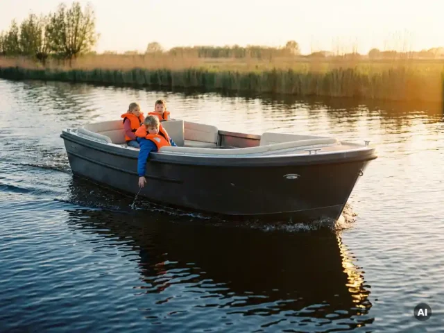 Twee kinderen in reddingsvesten op een antracietkleurige aluminium tender op rustig Nederlands polderwater tijdens gouden uur.