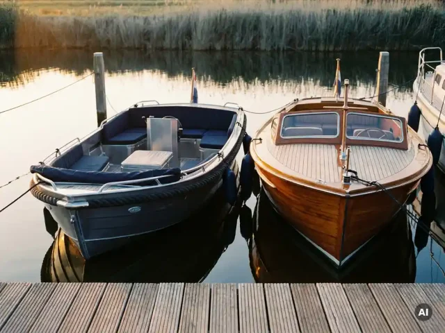 Aluminium tender naast een klassieke houten motorboot in een Nederlandse binnenhaven, kalm water met gouden middaglicht.