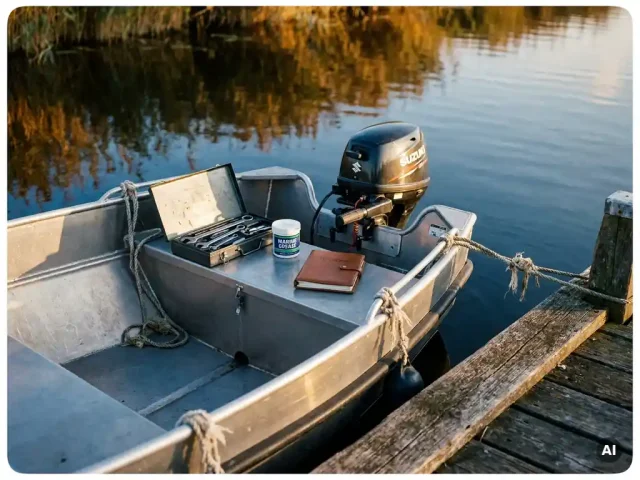 Aluminium tender aangemeerd aan houten steiger met onderhoudsgerei, marinevet en logboek naast Suzuki buitenboordmotor op rustig polderwater.