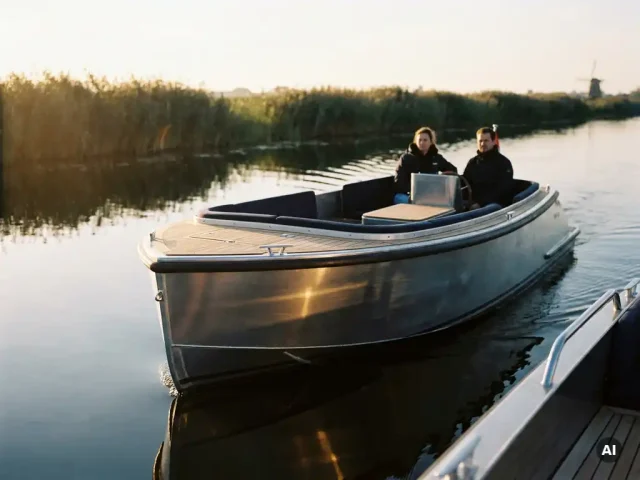 Aluminium tender vaart door rustig polderwaterkanaal bij gouden uur, met rietkragen op de achtergrond en teakhouten interieur.