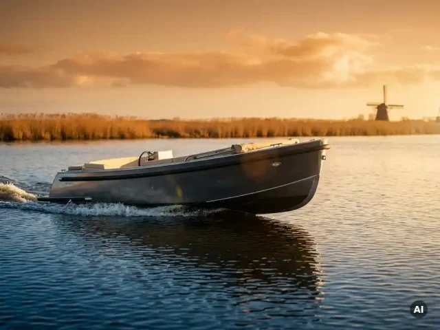 Antracietgrijze aluminium tender vaart door rustig polderlandschap bij gouden uur, rietoevers en amberkleurige lucht op de achtergrond.