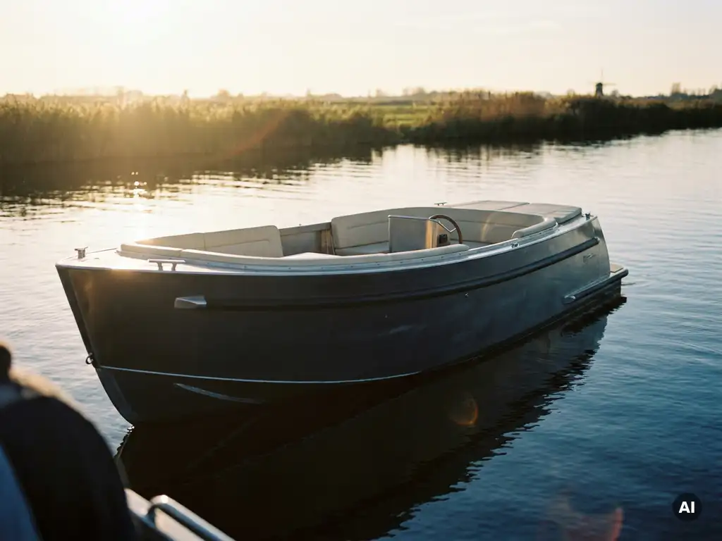 Aluminium tender met open cockpit op kalm polderwaterwater tijdens gouden uur, antracietkleurige romp en crème kussens, rietkragen aan de horizon.