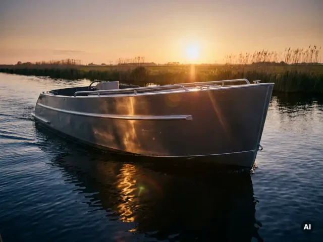Aluminium tender glijdt over rustig polderwater tijdens gouden uur, met warme reflecties op de antracietgrijze romp en rietkraag aan de horizon.