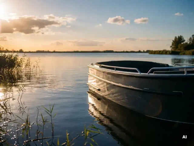 Aluminium tender glijdt over een stil poldermeer in gouden avondlicht, antracietgrijze romp met zachte waterreflecties.