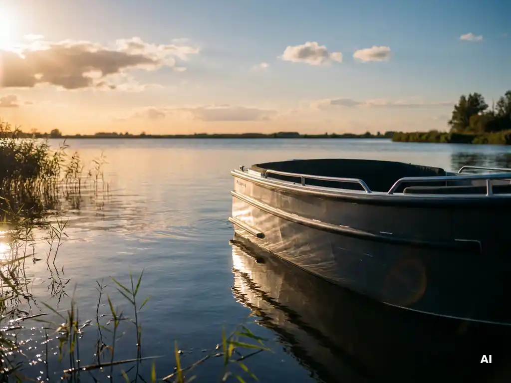 Aluminium tender glijdt over een stil poldermeer in gouden avondlicht, antracietgrijze romp met zachte waterreflecties.