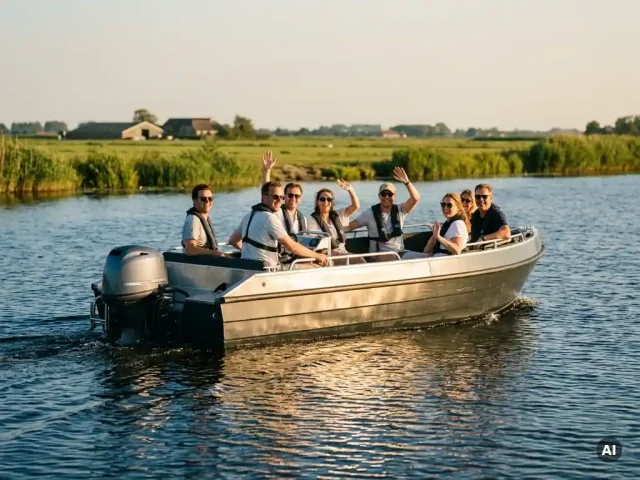 Aluminium tender met zes passagiers vaart over rustig polderwatergebied in Nederland tijdens gouden namiddagzon.