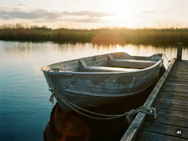 Aluminium tender afgemeerd aan verweerde houten steiger in Nederlandse polder, weerspiegeld in kalm water bij gouden middaglicht.