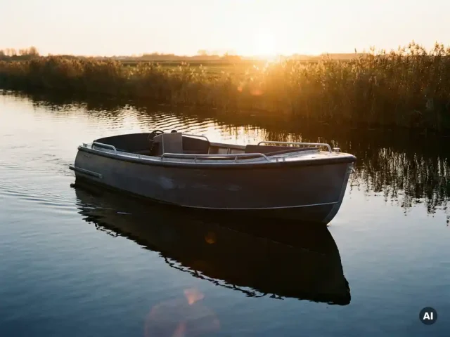 Antraciet aluminium tender vaart over rustig polderwaterwater in gouden middaglicht, rietoevers en open lucht op de achtergrond.
