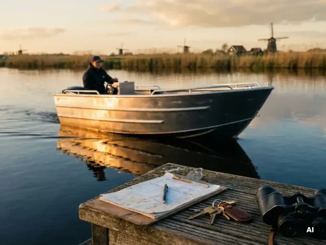 Aluminium tender glijdt over rustig polderwater, met een verweerde houten steiger, bootpapieren en sleutels op de voorgrond in goudgeel middaglicht.