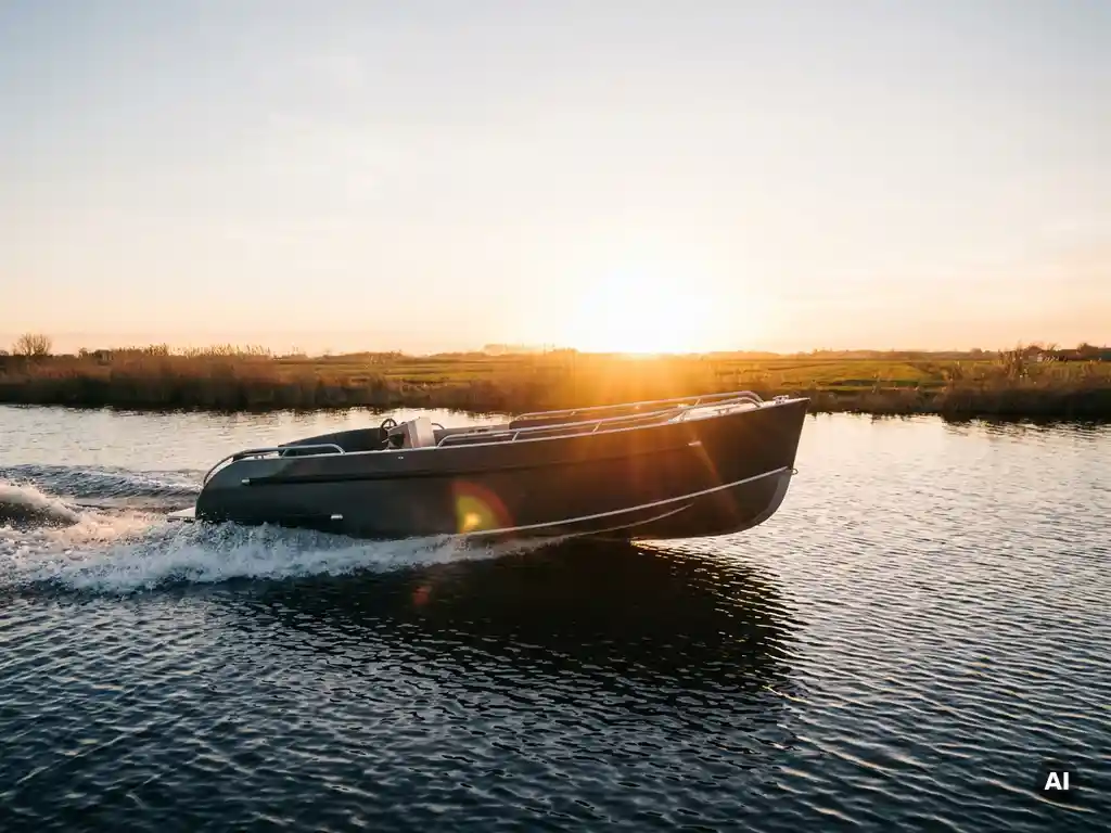 Aluminium tender op volle snelheid door Hollands polderwater, boeg lichtjes omhoog, gouden avondzon laag aan de horizon.