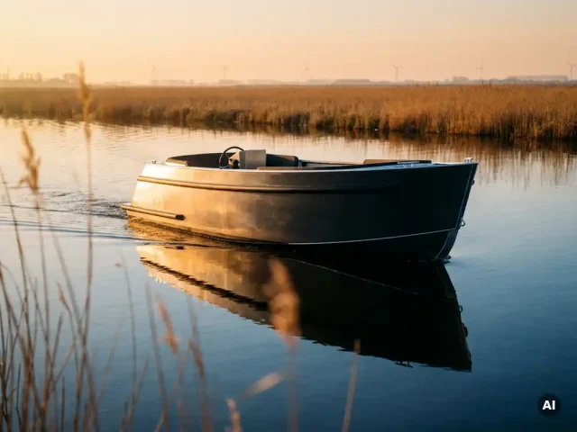 Antraciet aluminium tender vaart over spiegelglad polderwater tijdens het gouden uur, rietkraag op de achtergrond.