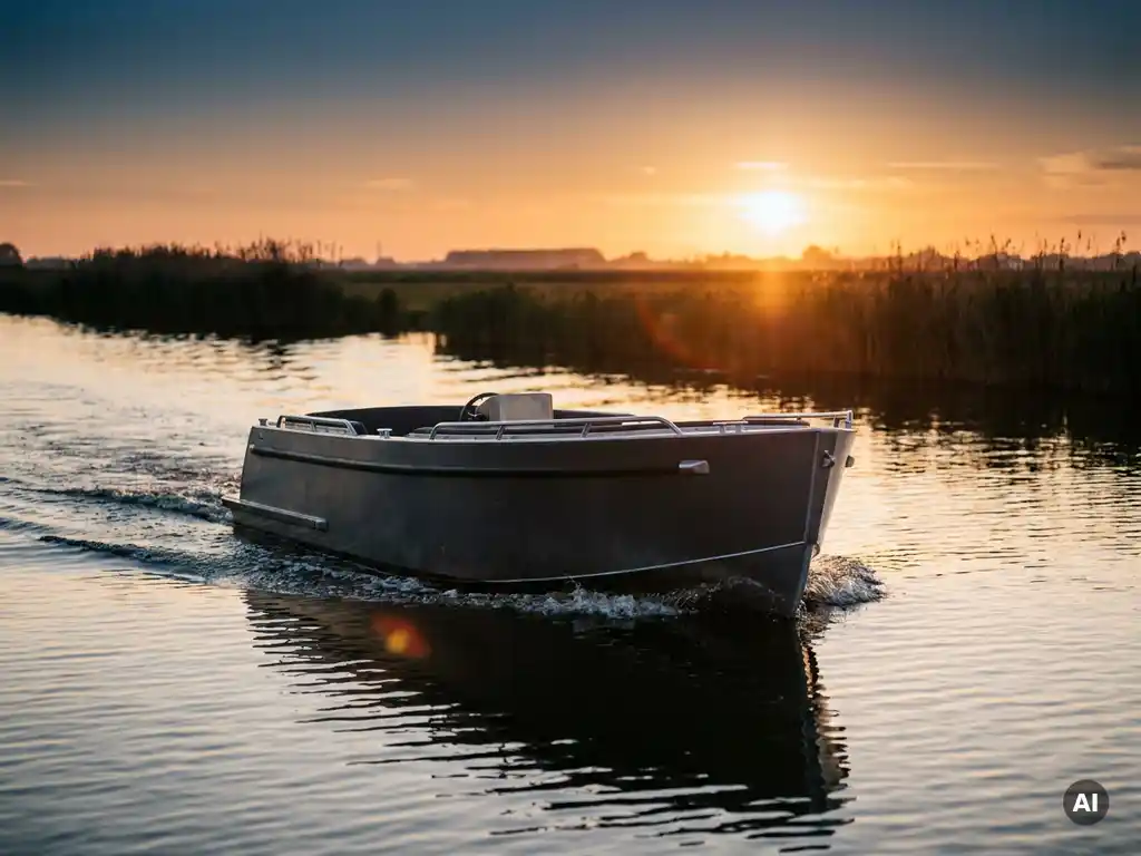 Aluminium tender vaart door rustig polderwaterland bij gouden uur, antracietgrijze romp met laag kielzog, rietkragen aan de horizon.