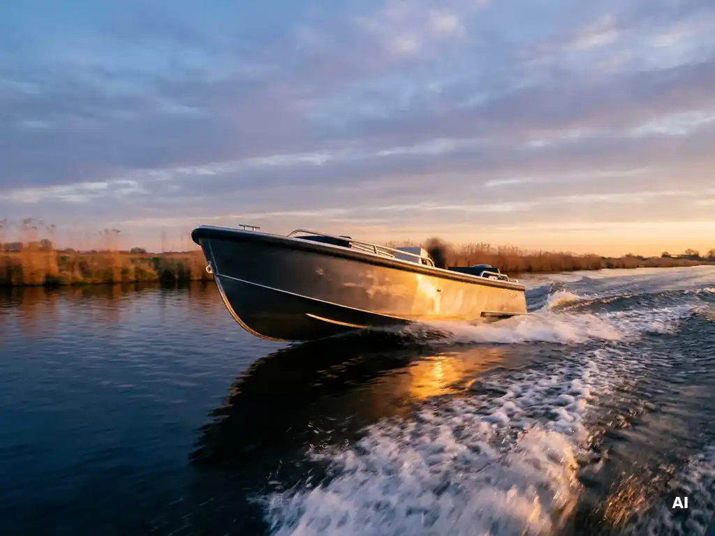 Aluminium tender op snelheid door Nederlands polderwater, boeg licht omhoog, gouden middagzon weerspiegeld in diepblauw water.