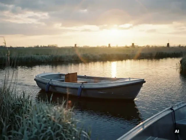 Aluminium tender vaart door een rustig polderlandschap met gouden middagzon, blauwe weerspiegelingen en groene rietkragen.