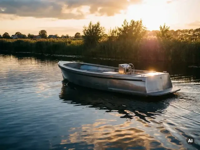 Aluminium tender vaart over rustig polderwaterland bij gouden uursbelichting, rietkragen langs de lage horizon.
