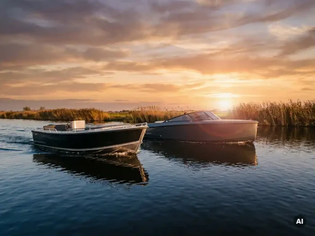 Aluminium tender en speedboot varen zij aan zij over kalm polderwateroppervlak tijdens het gouden uur.