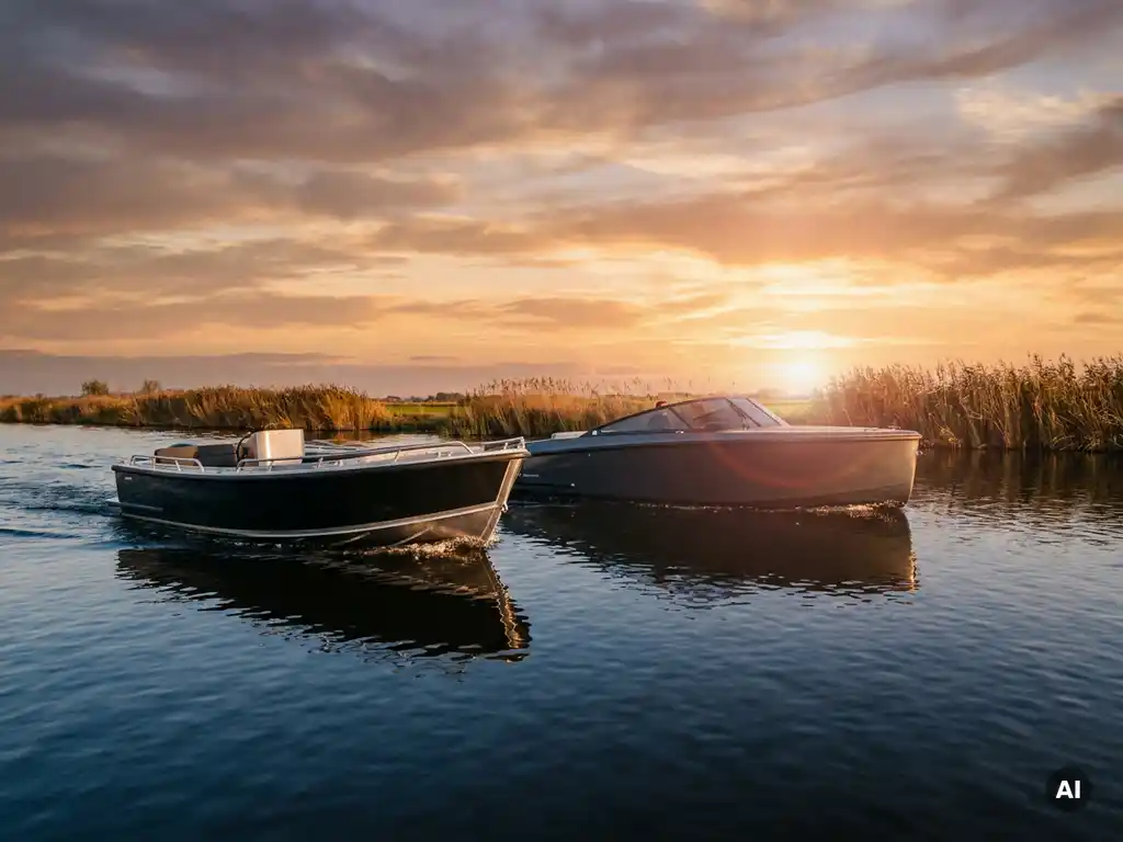 Aluminium tender en speedboot varen zij aan zij over kalm polderwateroppervlak tijdens het gouden uur.