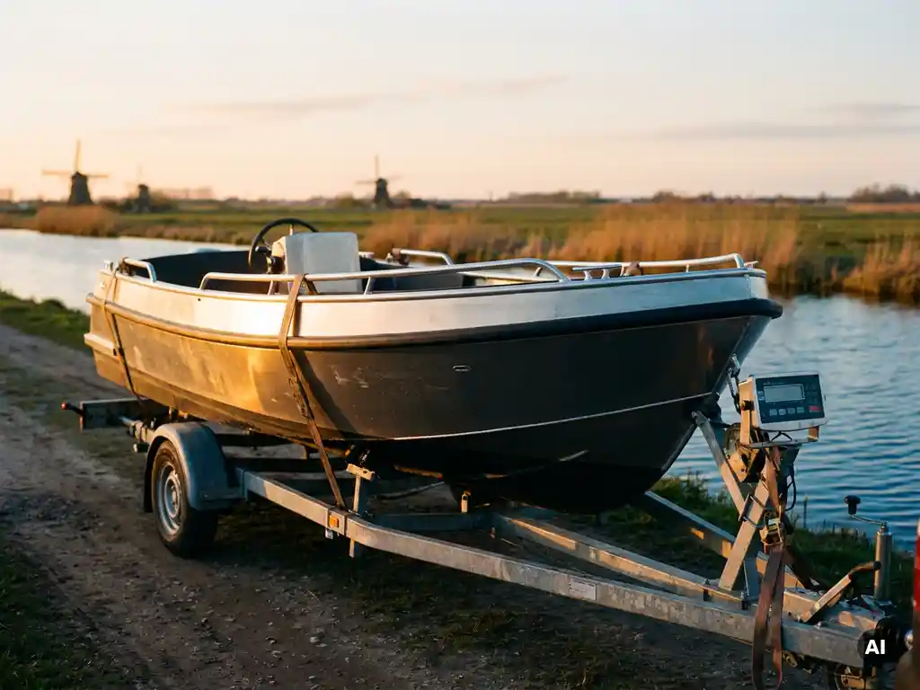 Aluminium tender op een aanhangwagenschaal naast rustig Nederlands polderwater bij gouden uursbelichting.