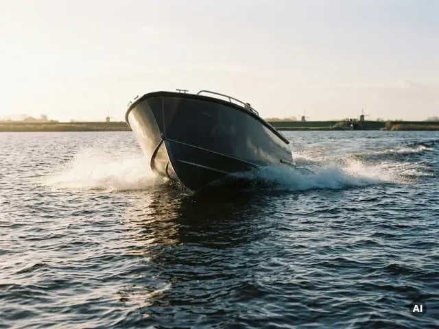 Aluminium tender maakt scherpe bocht op woelig open water, grijze romp schuin, boegspray, Nederlandse polderhorizon op de achtergrond.
