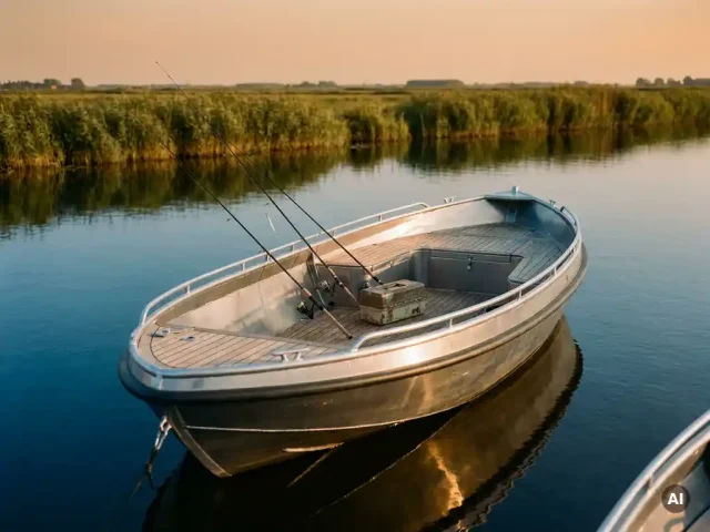 Aluminium tender voor anker in Hollands polderwater met hengels tegen de reling en een tacklebox op het teakdek, gouden middaglicht.