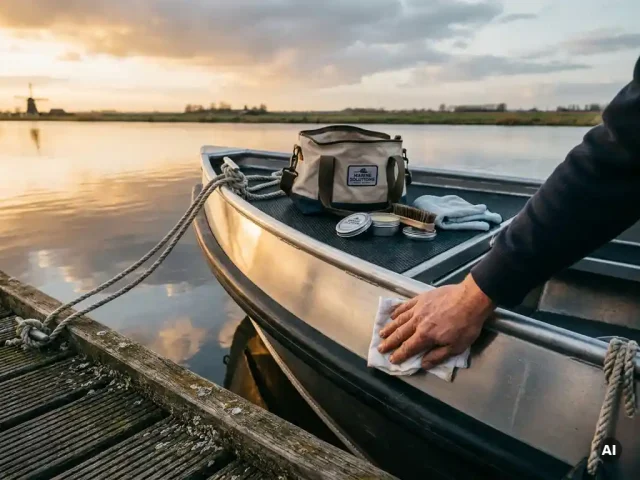 Monteur waxed aluminium tender bij houten steiger in Nederlands polderwater, onderhoudsdoek en marinekit op dek.