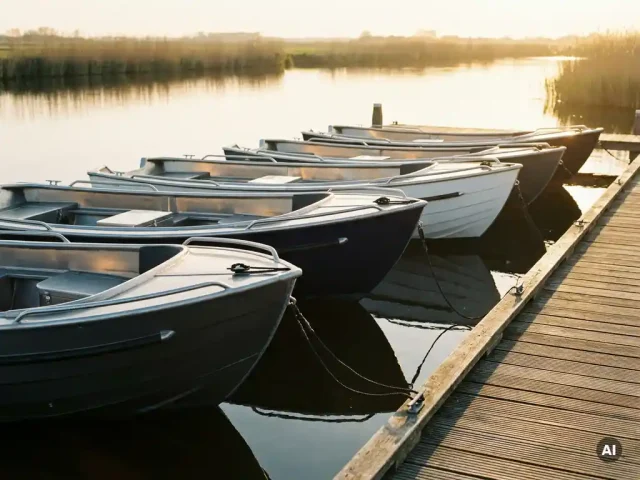 Aluminium tenders in antraciet, marineblauw en wit naast elkaar op een houten steiger bij rustig polderwaterwater in gouden uurtje licht.