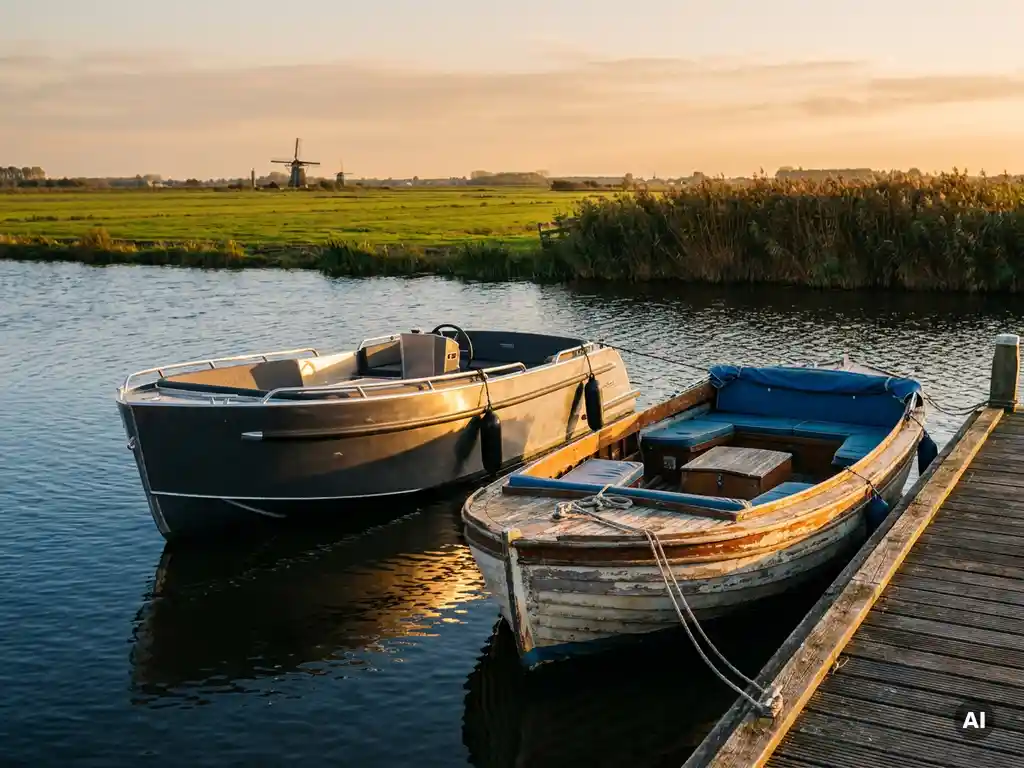 Nieuwe en gebruikte antraciet aluminium tender afgemeerd aan houten steiger in Nederlands polderlandschap tijdens gouden uur.