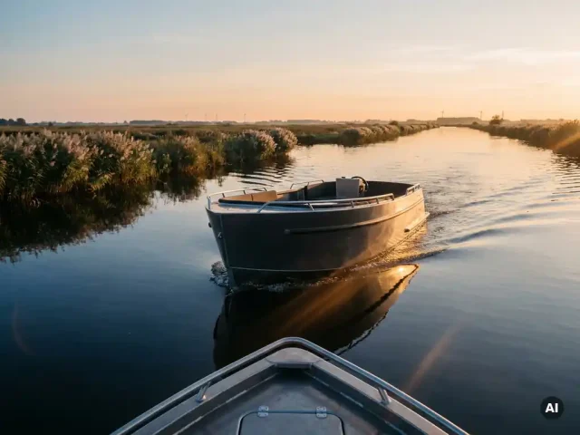 Antracietkleurige aluminium tender vaart door rustig polderlandschap bij gouden uursbelichting, met rietkragen en blauwe lucht weerspiegeld in het water.