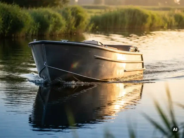 Antracietkleurige aluminium tender vaart door rustig polderwaterland bij gouden uursbelichting met rietkragen op de achtergrond.