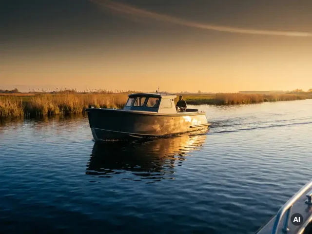 Antraciet aluminium tender vaart over kalm polderwatermet gouden avondzon die warme reflecties werpt op het diepe blauwe water.