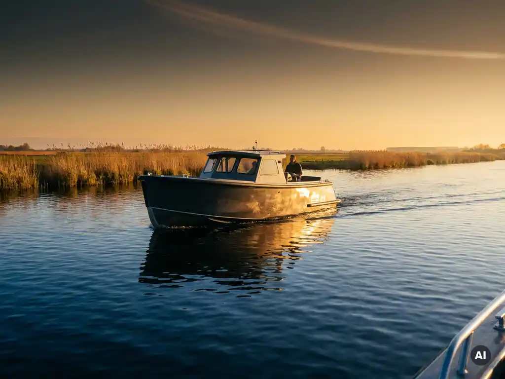 Antraciet aluminium tender vaart over kalm polderwatermet gouden avondzon die warme reflecties werpt op het diepe blauwe water.