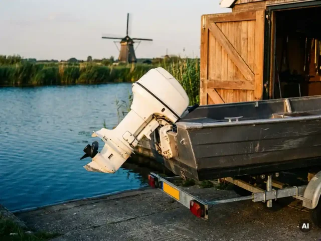 Krachtige buitenboordmotor op het achterschip van een antracietkleurige aluminium tender op een boottrailer bij een helling, rustig polderwater op de achtergrond.