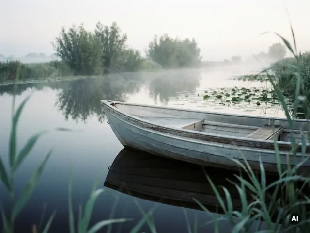 Stille elektrische sloep vaart door mistig Hollands polderlandschap, omgeven door riet en waterlelies in vroege ochtendsfeer.
