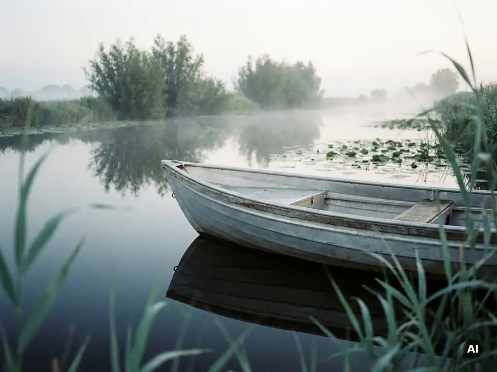 Stille elektrische sloep vaart door mistig Hollands polderlandschap, omgeven door riet en waterlelies in vroege ochtendsfeer.
