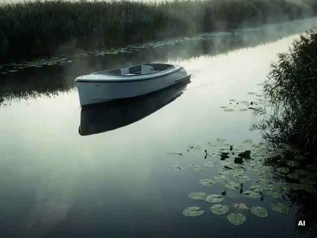 Elektrische tender glijdt stil door een Nederlandse polderwatergang, omringd door rietkragen en waterlelies in vroege ochtendmist.