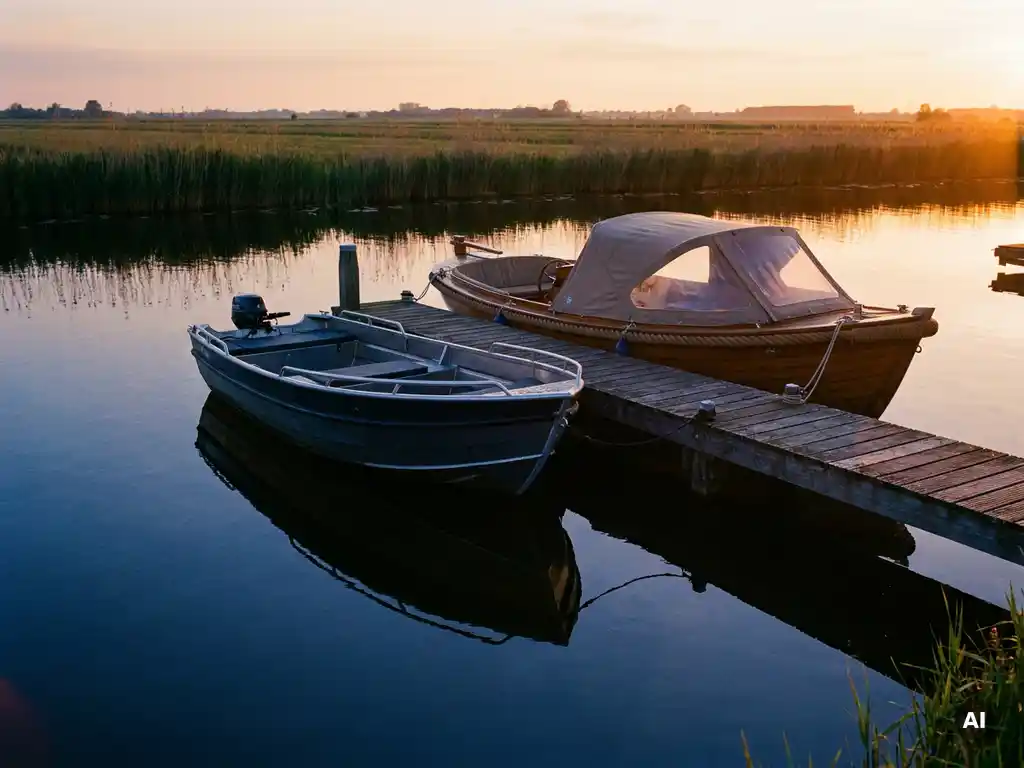 Antraciet aluminium tender en brede familiesloep afgemeerd aan houten steiger in Nederlandse polder, gouden uurstemming.